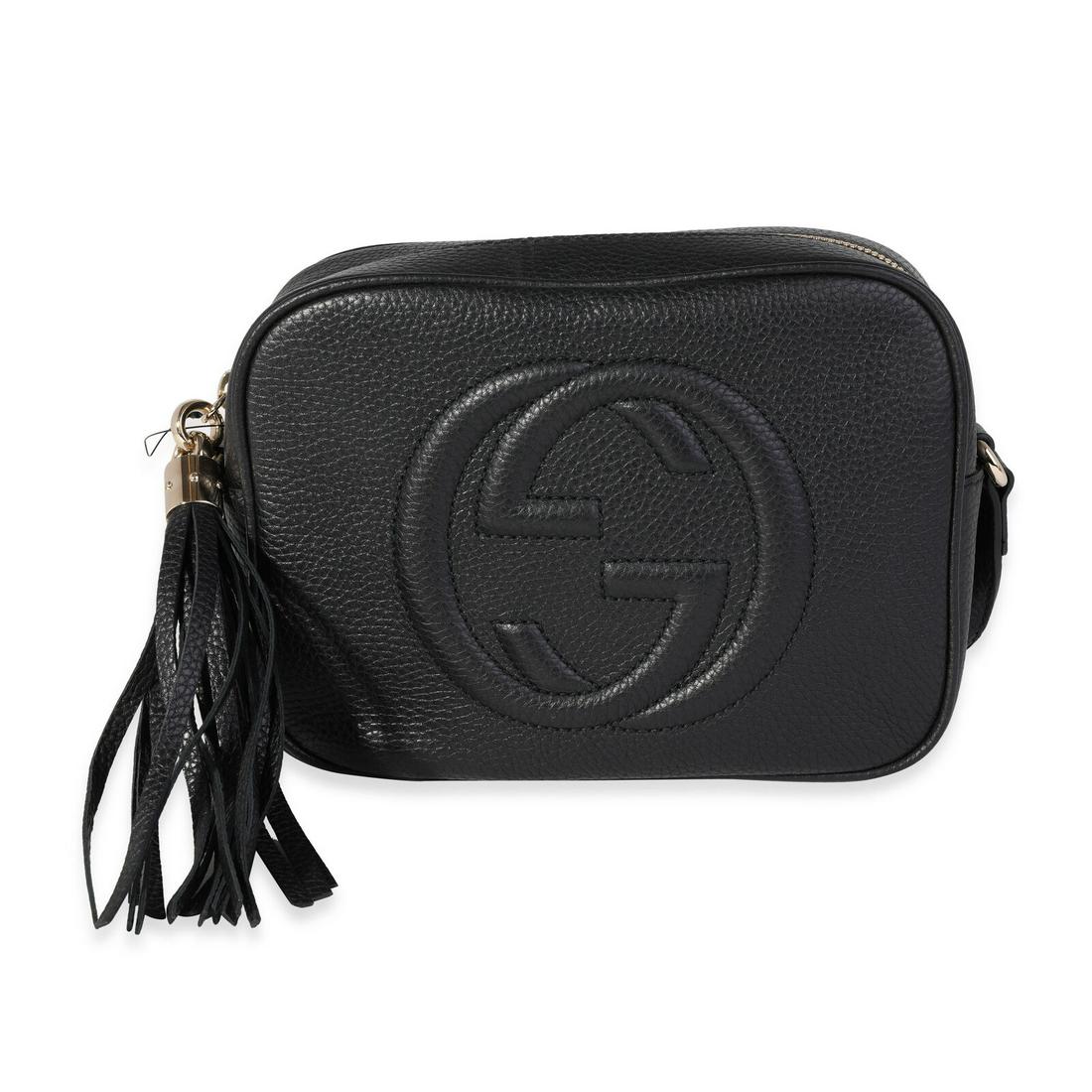 Gucci Black Pebbled Leather Soho Disco Bag: Gucci Black Pebbled Leather Soho Disco Bag Dimensions: 8 x 6 x 3 Handbag Accessories: Dustbag;Care Booklet Bag Length: 8 in Bag Depth: 3 in Bag Height: 6 in Style: Crossbody Bag;Shoulder Bag Material: