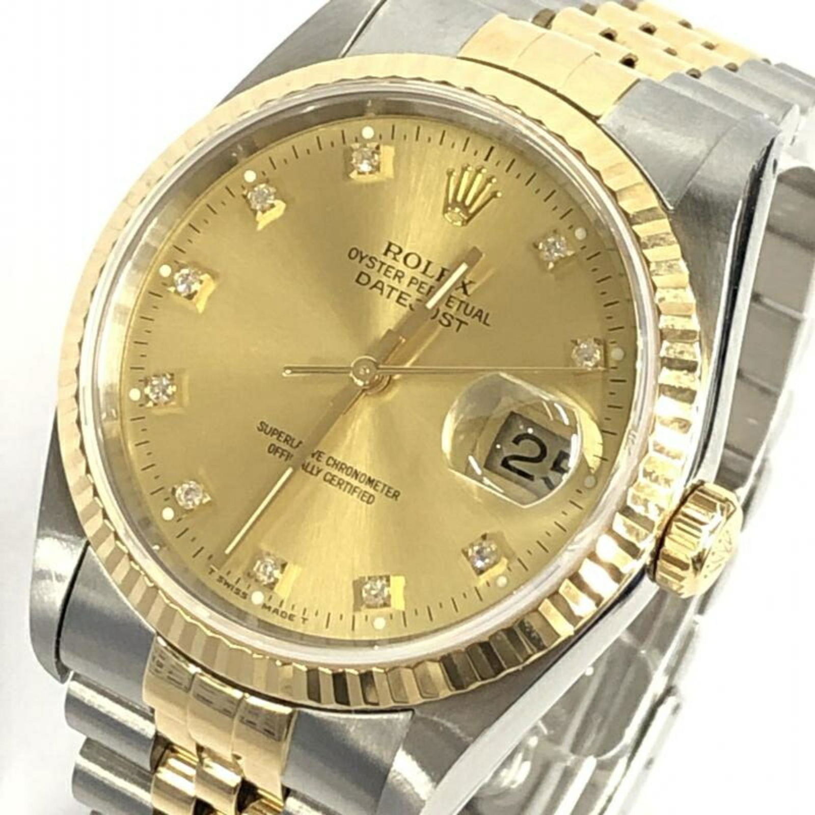 ROLEX Rolex Datejust 16233 X number old 10P diamond SS x YG self-winding watch: ROLEX Rolex Datejust 16233 X number old 10P diamond SS x YG self-winding watch Brand: Rolex Line: Datejust Color (Dial): Gold Finish (Band): Diamond Gemstone: Diamond Movement: Self Winding (Automatic