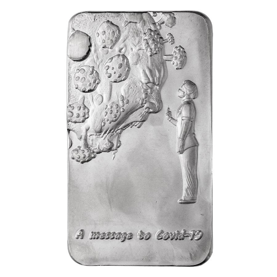 3 oz Argentia A Message to Covid-19 Silver Bar .9999 Fine Matte Finish: 3 oz Argentia A Message to Covid-19 Silver Bar .9999 Fine Matte Finish Condition: New Finish: High Relief Matte Finish Purity: .9999 Actual Weight: 3 troy oz Gross Weight : 93.32 grams Dimensions: 48.