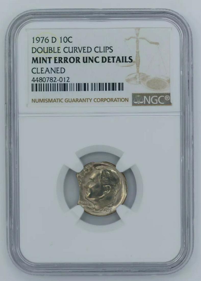 1976 D ROOSEVELT DIME 10C NGC UNC DETAILS - MINT ERROR DOUBLE CURVED CLIPS (012): 1976 D ROOSEVELT DIME 10C NGC UNC DETAILS - MINT ERROR DOUBLE CURVED CLIPS (012) Certification: NGC Composition: Silver Grade: UNC Details Year: 1976 Circulated/Uncirculated: Unknown Strike Type: MS M