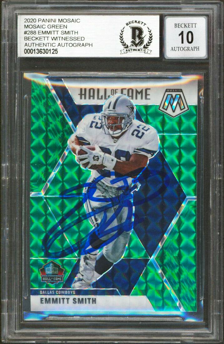 Cowboys Emmitt Smith Signed 2020 Panini Mosaic Green #288 Card Auto 10! BAS Slab: Cowboys Emmitt Smith Signed 2020 Panini Mosaic Green #288 Card Auto 10! BAS Slab Graded: Yes Sport: Football Team: Dallas Cowboys League: NFL Certification Number: 13630125QTY Product Coa: Beckett Pro