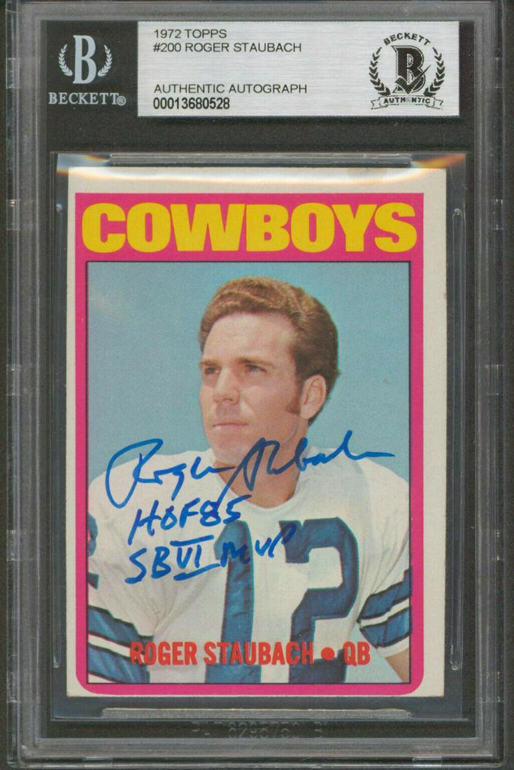 Cowboys Roger Staubach 2x Isnc Signed 1972 Topps #200 Rookie Card BAS Slabbed 1: Cowboys Roger Staubach 2x Isnc Signed 1972 Topps #200 Rookie Card BAS Slabbed 1 Graded: No Sport: Football-NFL Team: Dallas Cowboys League: NFL Certification Number: 13680528 Product Coa: Beckett Prod