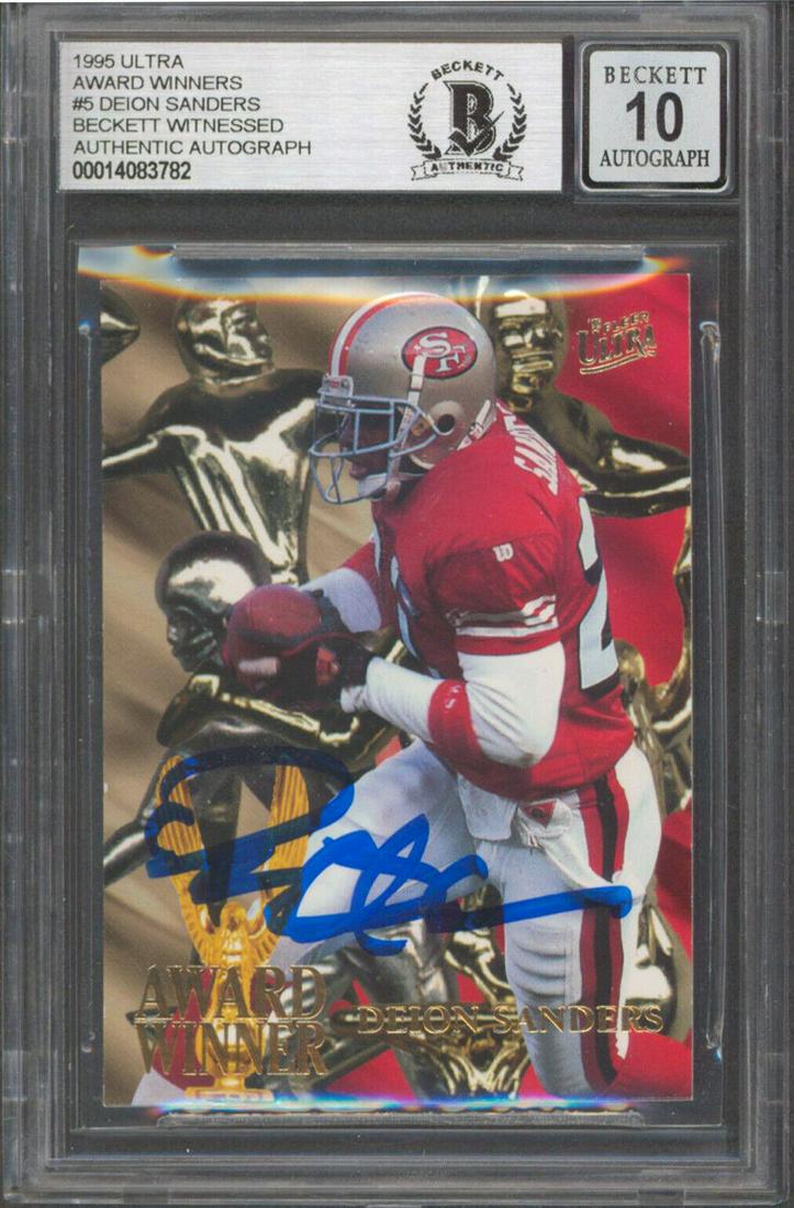 49ers Deion Sanders Signed 1995 Ultra Award Winners #5 Card Auto 10! BAS Slabbed: 49ers Deion Sanders Signed 1995 Ultra Award Winners #5 Card Auto 10! BAS Slabbed Graded: Yes Sport: Football-NFL League: NFL Team: San Francisco 49ers Certification Number: 14083782 Product Coa: Becke