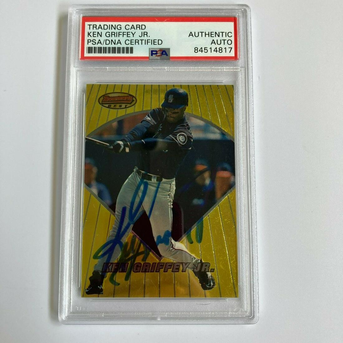 Ken Griffey Jr. Signed 1996 Bowman Best Baseball Card PSA DNA: Ken Griffey Jr. Signed 1996 Bowman Best Baseball Card PSA DNA Season: 1997 Graded: No Player/Athlete: Ken Griffey Jr Type: Sports Trading Card Sport: Baseball Autograph Format: Hard Signed Autograph A