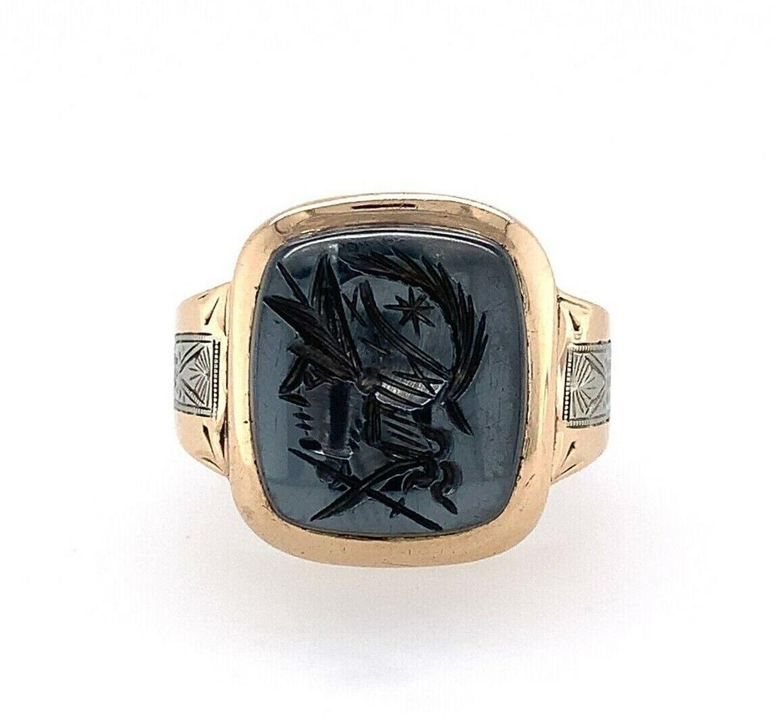 10k Two Color Gold Hematite Intaglio Warrior Men's Ring Jewelry: 10k Two Color Gold Hematite Intaglio Warrior Men's Ring Jewelry Base Metal: Yellow Gold Material: Metal Theme: Warrior Type: Ring Color: Black Gold Gray Vintage: Yes Metal Purity: 10k Metal: Multi-Ton
