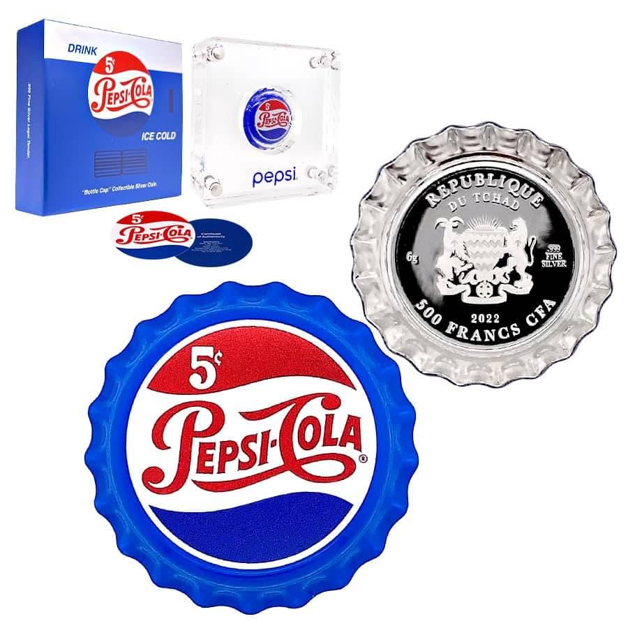 2022 Chad 6 gram Pepsi-Cola Retro Bottle Cap Proof Silver Coin .999 Fine (w/Box & COA): 2022 Chad 6 gram Pepsi-Cola Retro Bottle Cap Proof Silver Coin .999 Fine (w/Box & COA) Year: 2022 Condition: New w/Box and Display Finish: Proof / Colorized Purity: .999 Denomination: 500 Francs (CFA)