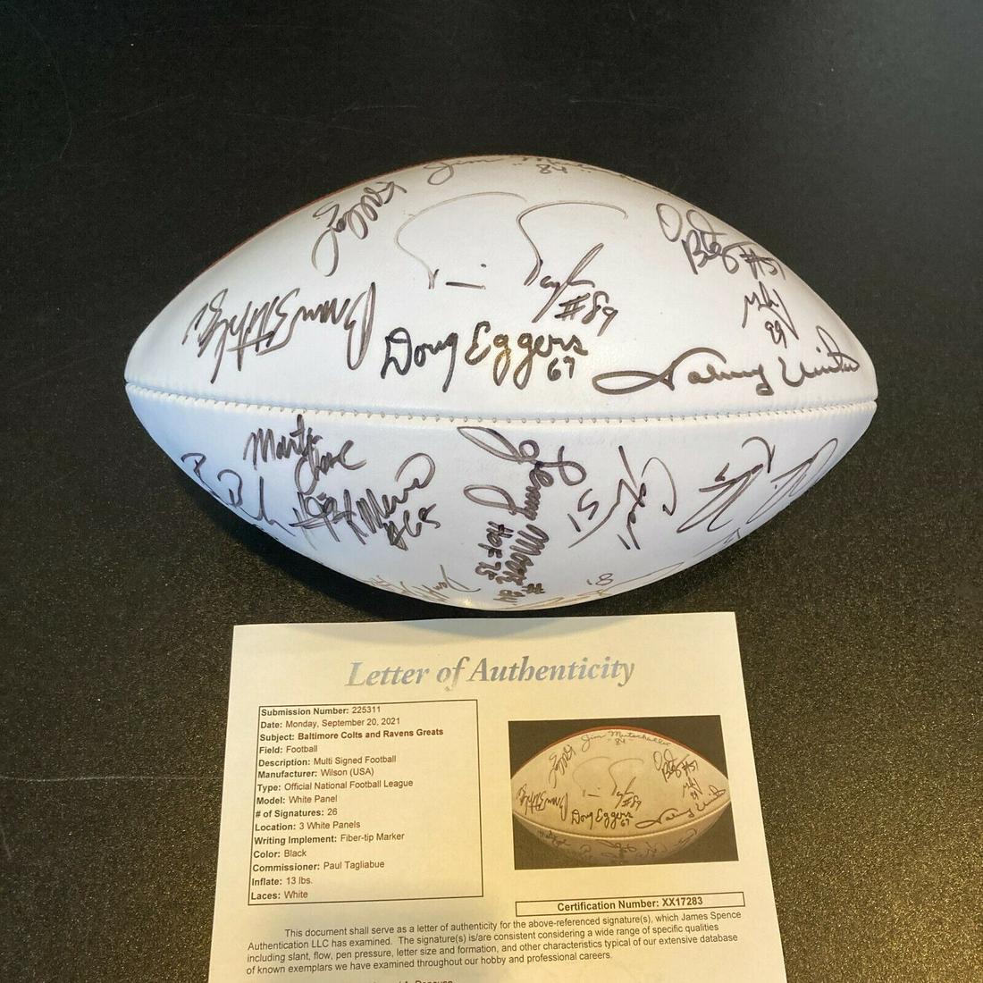 Johnny Unitas Baltimore Colts & Ravens Legends Signed Football 26 Sigs JSA COA: Johnny Unitas Baltimore Colts & Ravens Legends Signed Football 26 Sigs JSA COA Product: Ball Sport: Football-NFL Autograph Authentication: James Spence Authentication (JSA) Original/Reprint: Original