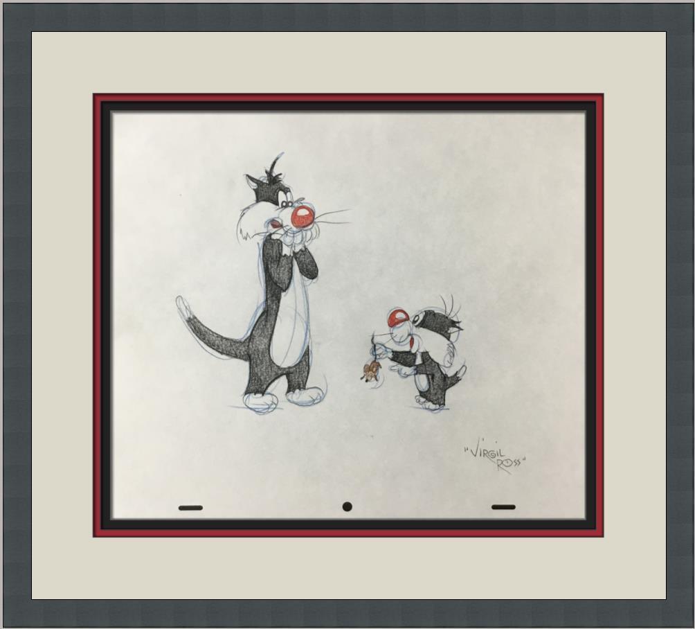 Virgil Ross Original Signed Model Sheet Drawing Sylvester + Junior Custom Framed: Virgil Ross Original Signed Model Sheet Drawing Sylvester + Junior Custom Framed Character: Sylvester Sylvester Junior Animation Studio: Warner Bros Item Height: 10 in Item Width: 12 in Theme: Animati