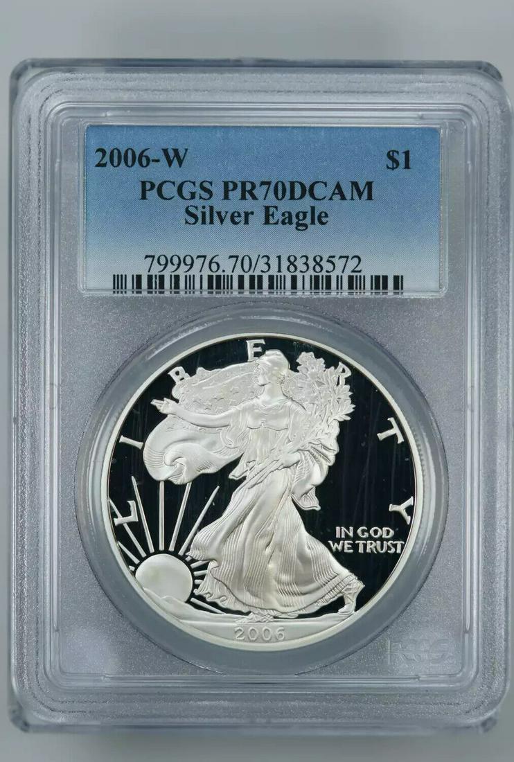2006 W PROOF AMERICAN SILVER EAGLE $1 PCGS PR 70 DCAM DEEP CAMEO 1 OZ (572): 2006 W PROOF AMERICAN SILVER EAGLE $1 PCGS PR 70 DCAM DEEP CAMEO 1 OZ (572) Certification: PCGS Composition: Silver Grade: PR-70 Year: 2006 Circulated/Uncirculated: Uncirculated Strike Type: PR Mint L