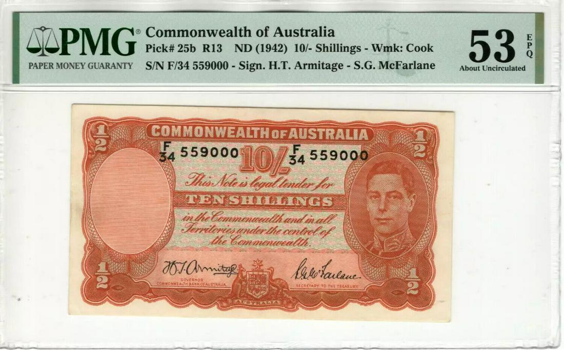 1939 10 SHILLINGS COMMONWEALTH OF AUSTRALIA PICK 25B PMG ABOUT UNC AU 53 EPQ: 1939 10 SHILLINGS COMMONWEALTH OF AUSTRALIA PICK 25B PMG ABOUT UNC AU 53 EPQ Grading Service: PMG Grade: 53 Series Year: R13 ND (1942) Year: R13 ND (1942) Circulated/Uncirculated: Unknown Country: Aus
