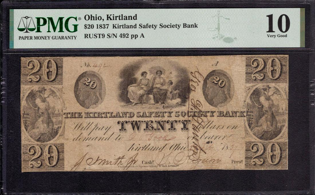 1837 $20 KIRTLAND SOCIETY BANK JOSEPH SMITH SIGNED CHURCH OF LDS PMG VG 10: 1837 $20 KIRTLAND SOCIETY BANK JOSEPH SMITH SIGNED CHURCH OF LDS PMG VG 10 Modified Item: No Certification Number: 2082539-003 Certification: PMG Grade: 10 Type: Banknotes Denomination: $20 Pre-Owned