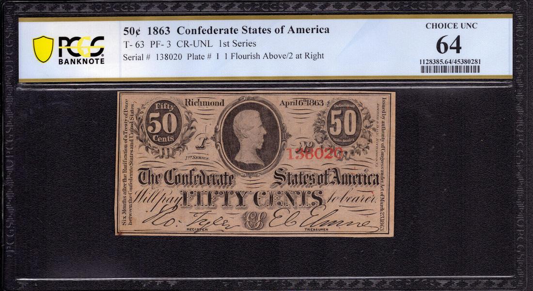 1863 50 CENTS CONFEDERATE STATE OF AMERICA NOTE T-63 PF-3 PCGS B CHOICE UNC 64: 1863 50 CENTS CONFEDERATE STATE OF AMERICA NOTE T-63 PF-3 PCGS B CHOICE UNC 64 Certification Number: 45380281 Certification: PCGS Banknote Grading Grade: 64 Type: Confederate Currency Circulated/Uncir