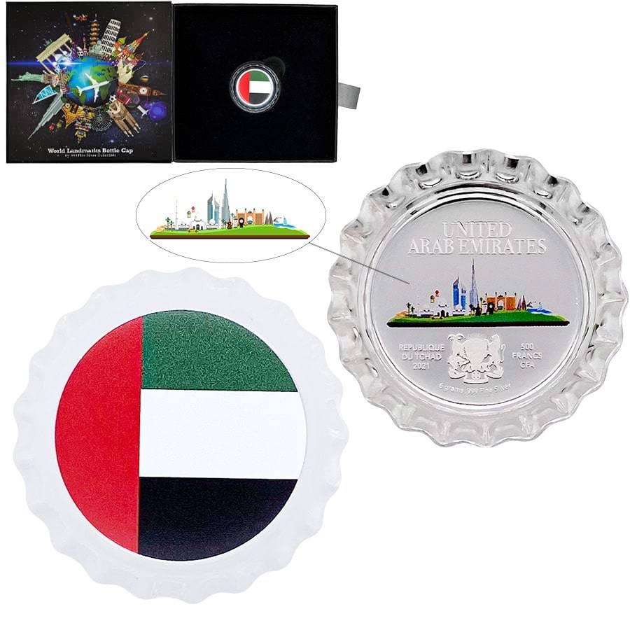 2021 Chad 6 gram World Landmarks - UAE Bottle Cap Proof Silver Coin .999 Fine (w/Box): 2021 Chad 6 gram World Landmarks - UAE Bottle Cap Proof Silver Coin .999 Fine (w/Box) Year: 2021 Condition: New w/Box Finish: Proof / Colorized Purity: .999 Denomination: 500 Francs (CFA) Actual Weigh