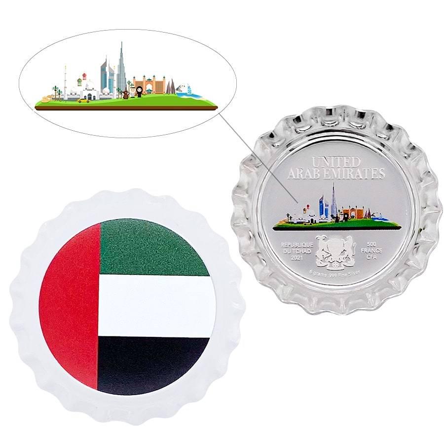2021 Chad 6 gram World Landmarks - UAE Bottle Cap Proof Silver Coin .999 Fine (In Cap): 2021 Chad 6 gram World Landmarks - UAE Bottle Cap Proof Silver Coin .999 Fine (In Cap) Year: 2021 Condition: New (In Cap) Finish: Proof / Colorized Purity: .999 Denomination: 500 Francs (CFA) Actual W