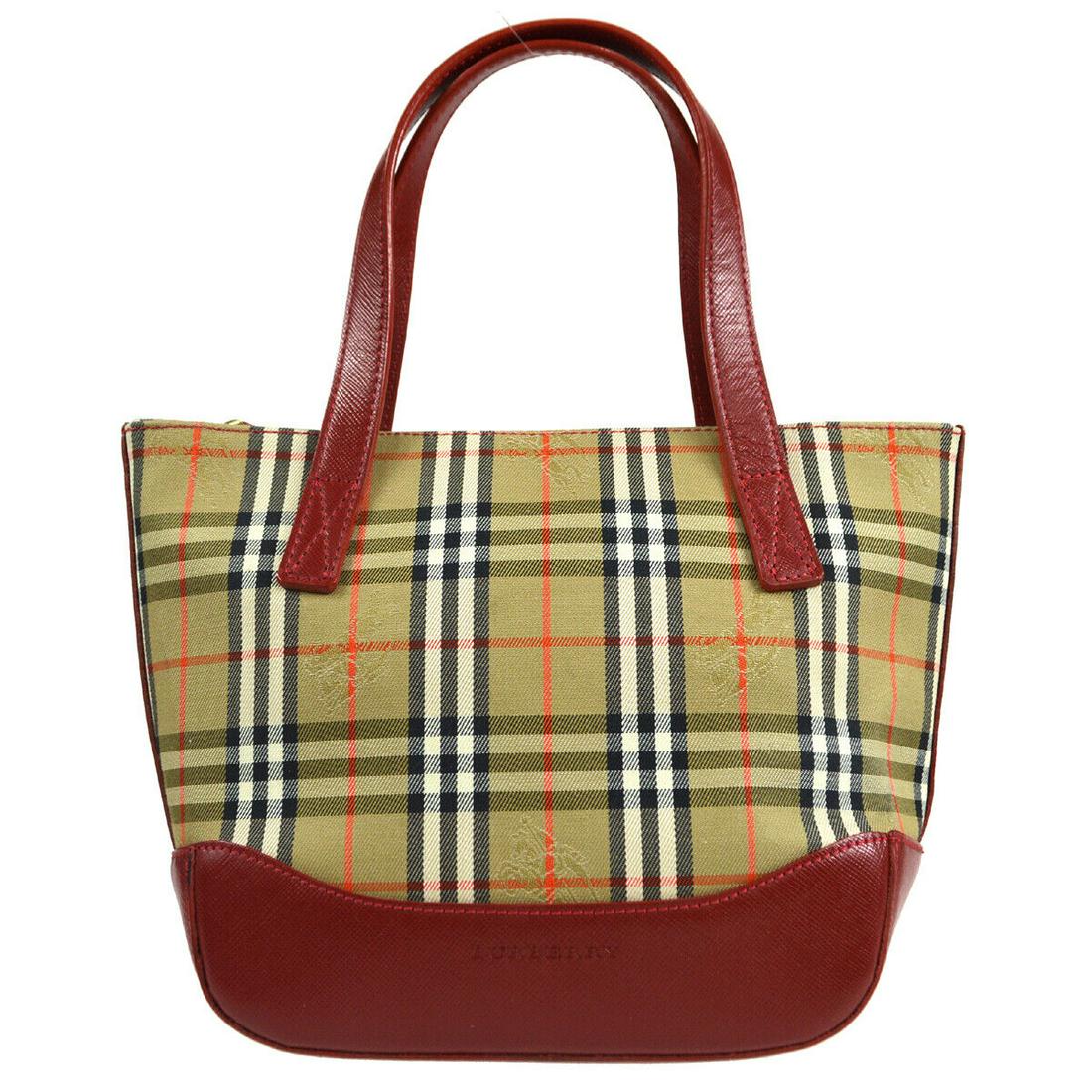 BURBERRY House Check Small Hand Tote Bag Purse Beige Red Canvas Leather: BURBERRY House Check Small Hand Tote Bag Purse Beige Red Canvas Leather Size: Small Model: Hand Tote Style: Hand Tote Bag Handle Style: Double Handles Bag Height: 6.7 Exterior Color: Beige Red etc Pro