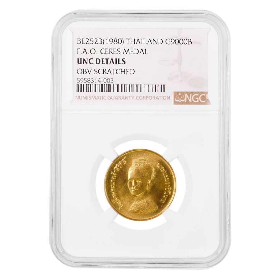 1980 (BE 2523) Thailand Gold 9000 Baht FAO Ceres NGC UNC Details: 1980 (BE 2523) Thailand Gold 9000 Baht FAO Ceres NGC UNC Details Year: 1980 (BE 2523) Purity: .900 Denomination: 9000 BAHT Actual Weight: 0.3472 troy oz Gross Weight : 12 grams Diameter: 24 mm Mint Ma