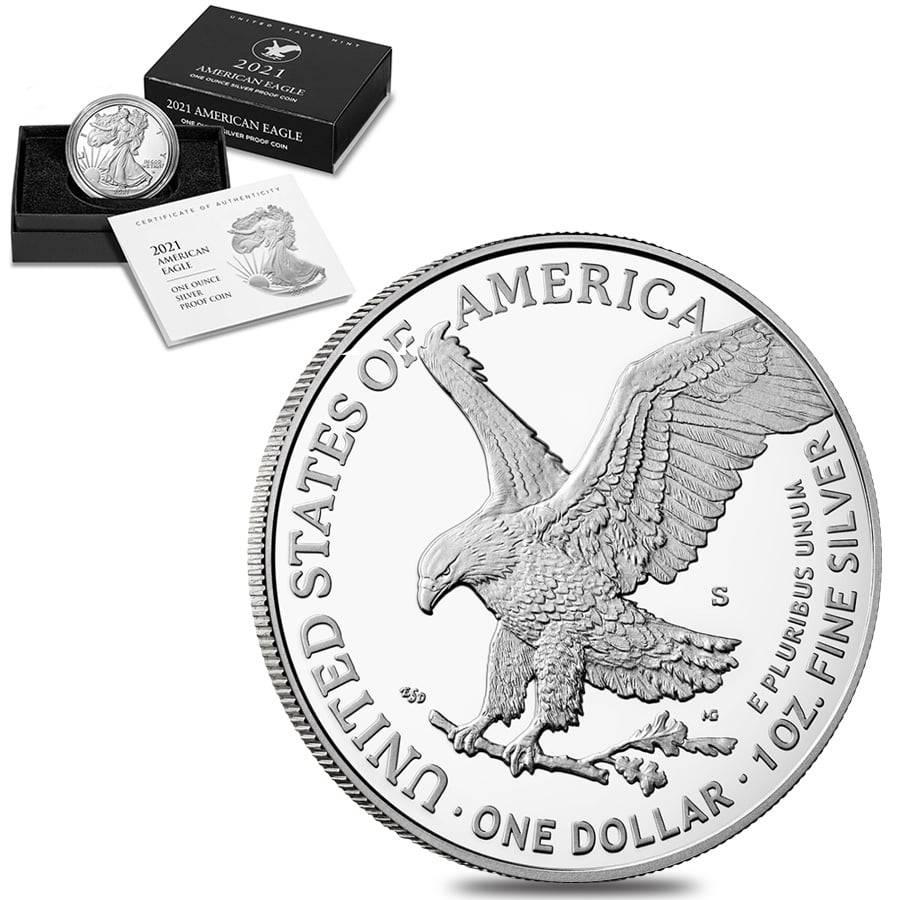 2021-S 1 oz Proof Silver American Eagle Type 2 (w/Box & COA): 2021-S 1 oz Proof Silver American Eagle Type 2 (w/Box & COA) Year: 2021 (Type 2) Finish: Proof IRA Approved: Yes Purity: .999 Denomination: $1 Actual Weight: 1 troy oz Gross Weight : 31.103 grams Diam