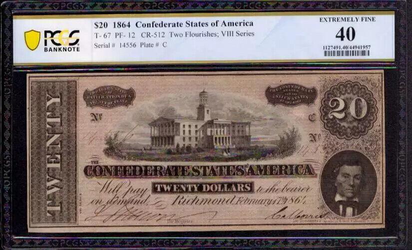 1864 $20 CONFEDERATE STATES OF AMERICA NOTE T-67 PF-12 PCGS B EXTRA FINE EF XF40: 1864 $20 CONFEDERATE STATES OF AMERICA NOTE T-67 PF-12 PCGS B EXTRA FINE EF XF40 Grading Service: PCGS Grade: 40 Series Year: VIII SERIES Year: VIII SERIES Circulated/Uncirculated: Unknown Country: Un