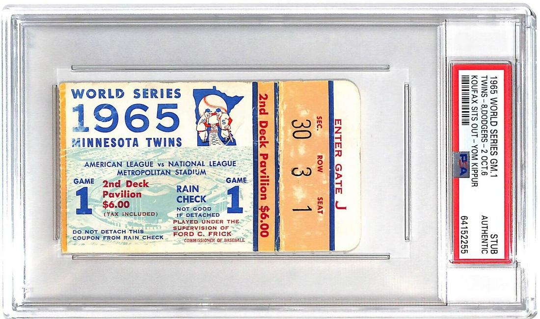 1965 World Series Game 1 Ticket Sandy Koufax Yom Kippur Game Dodgers v Twins: 1965 World Series Game 1 Ticket Sandy Koufax Yom Kippur Game Dodgers v Twins Player: Sandy Koufax Original or Reprint: Original Product: Tickets Team-Baseball: Brooklyn Dodgers California Prop 65 Warn