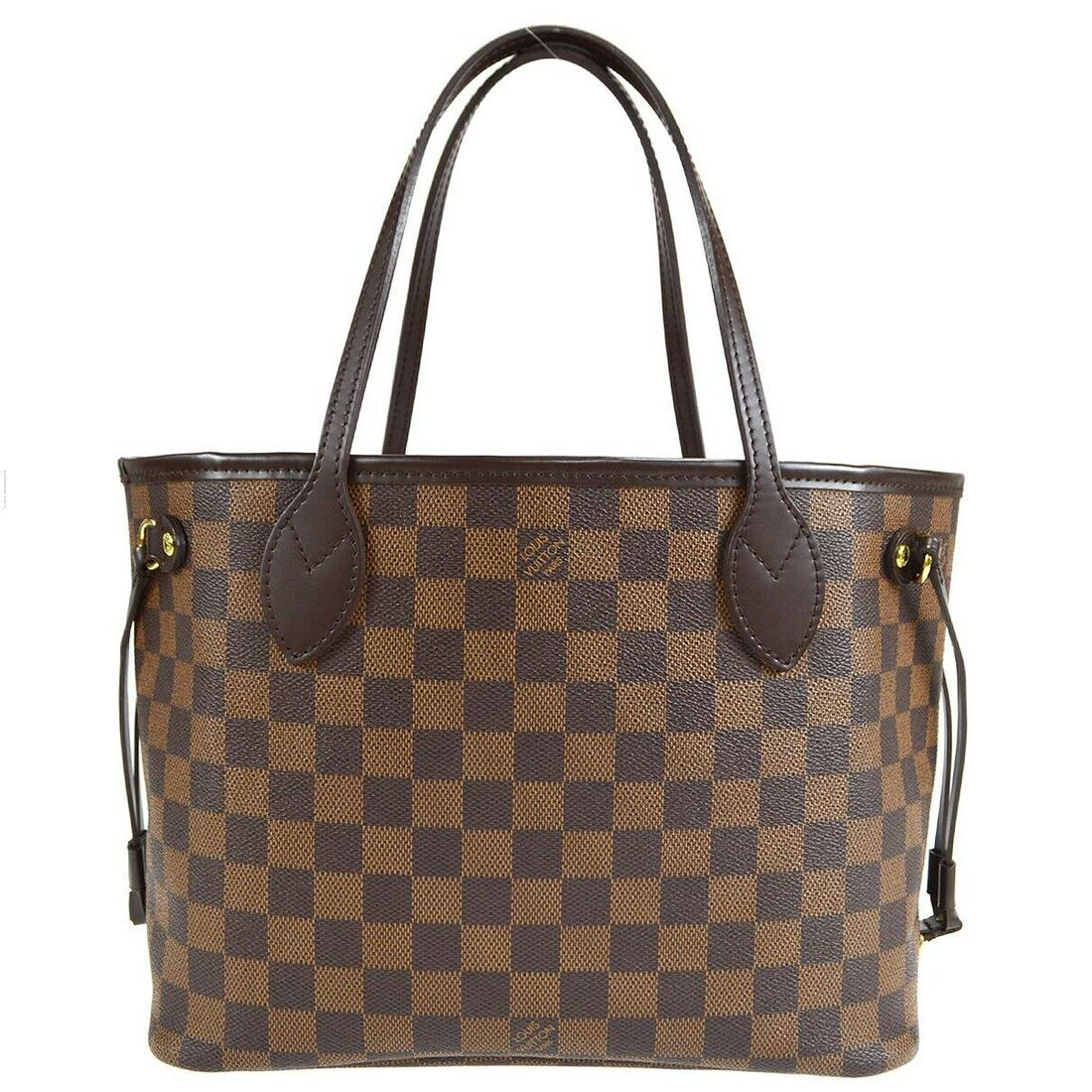 LOUIS VUITTON NEVERFULL PM HAND TOTE BAG EBENE DAMIER CANVAS N51109 SA1112: LOUIS VUITTON NEVERFULL PM HAND TOTE BAG EBENE DAMIER CANVAS N51109 SA1112 Bag Width: 11 in Bag Height: 9 in Closure: Hook & Loop Size: Medium Handle Style: Double Handles Bag Depth: 7 in Exterior Mat