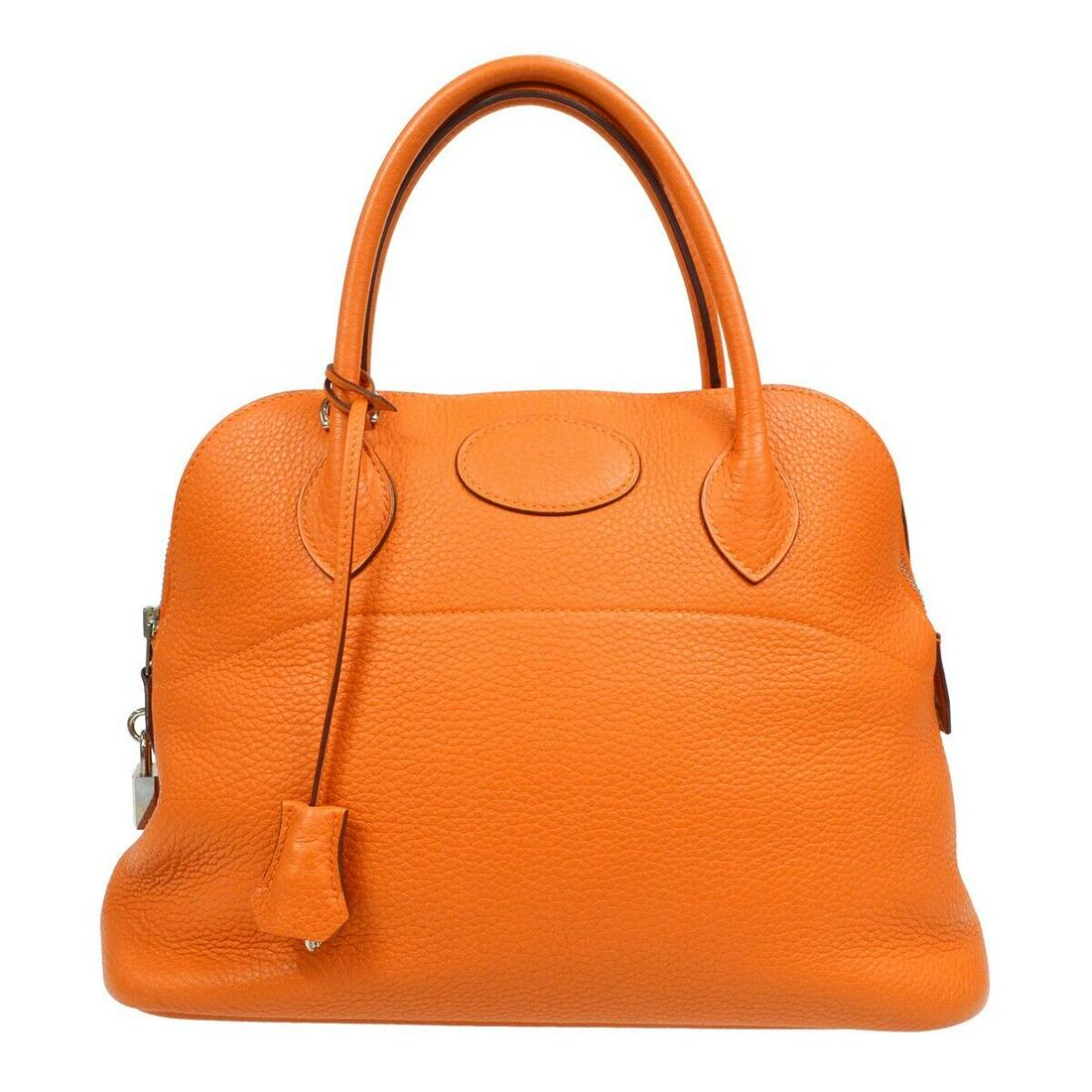 HERMES BOLIDE 31 Handbag Taurillon Clemence Orange B30 #N: HERMES BOLIDE 31 Handbag Taurillon Clemence Orange B30 #N Bag Width: 12 in Bag Height: 9 in Closure: Zip Occasion: Casual Size: Medium Handle Style: Double Handles Lining Material: Swift Bag Depth: 5