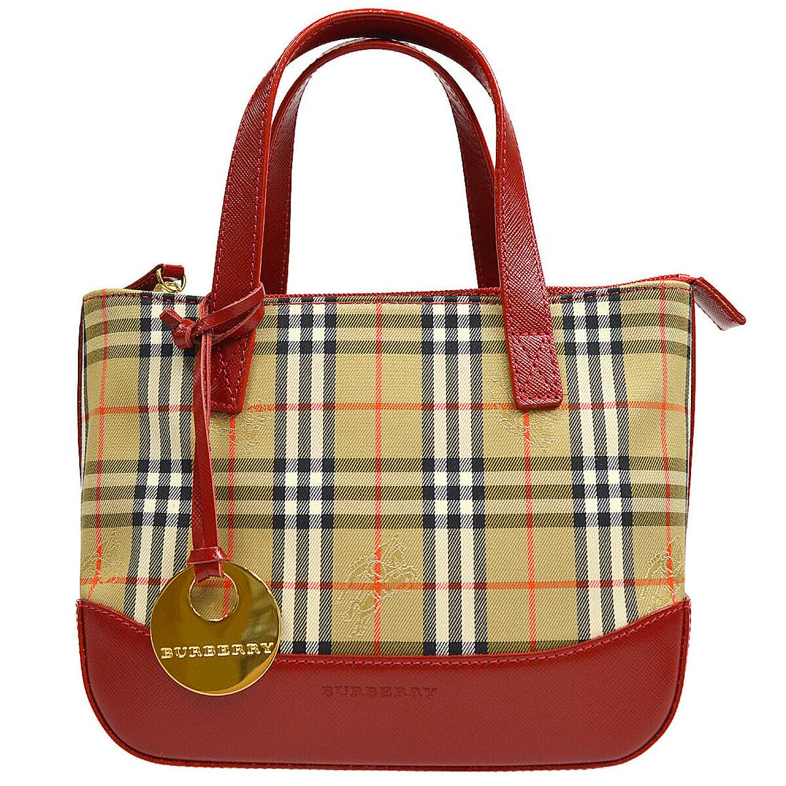 BURBERRY House Check Pattern Mini Hand Bag Beige Red Canvas Leather: BURBERRY House Check Pattern Mini Hand Bag Beige Red Canvas Leather Size: Small Model: Hand Bag Style: Hand Bag Handle Style: Double Handles Bag Height: 6.3 Exterior Color: Beige Red etc Product Line: