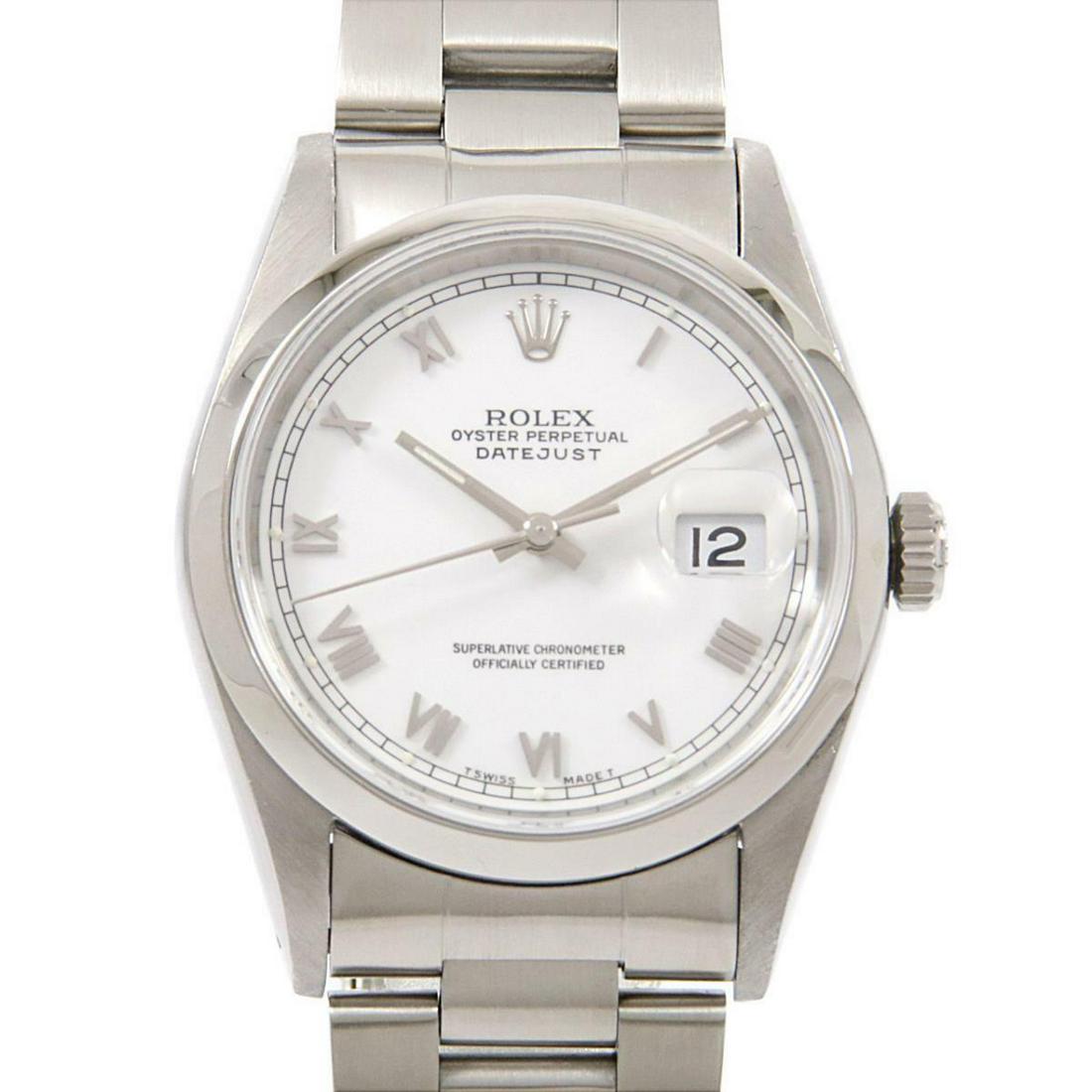 ROLEX 16200 Datejust Automatic: ROLEX 16200 Datejust Automatic Brand: ROLEX Color: White Roman Size: Case diameter 36mm Max Arm size: 18.5cm Accessories: With genuine box Additionalinfo: Automatic waterproof Type: Wristwatch B: Reas