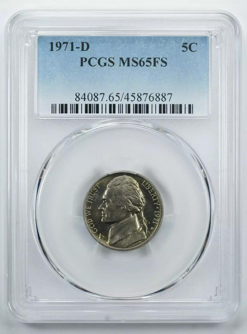 1971 D JEFFERSON NICKEL 5C PCGS MS 65 FS MINT STATE UNC - FULL STEPS (887): 1971 D JEFFERSON NICKEL 5C PCGS MS 65 FS MINT STATE UNC - FULL STEPS (887) Certification: PCGS Composition: Nickel Grade: MS-65 Year: 1971 Circulated/Uncirculated: Uncirculated Strike Type: MS Mint Lo