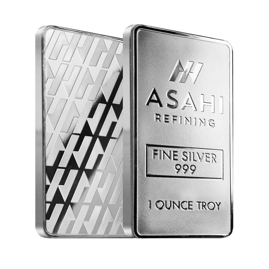 1 oz Asahi Silver Bar .999 Fine: 1 oz Asahi Silver Bar .999 Fine Condition: New IRA Approved: Yes Purity: .999 Actual Weight: 1 troy oz Gross Weight : 31.103 grams Dimensions: 50.5 x 29.3 x 2.3 mm Mint/Brand: Asahi The MYNT Guarantee