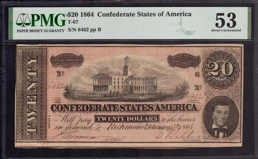1864 $20 CONFEDERATE STATES OF AMERICA NOTE CURRENCY T-67 PMG ABOUT UNC AU 53: 1864 $20 CONFEDERATE STATES OF AMERICA NOTE CURRENCY T-67 PMG ABOUT UNC AU 53 Grading Service: PMG Grade: 53 Series Year: 1864 Year: 1864 Circulated/Uncirculated: Unknown Country: United States Catego