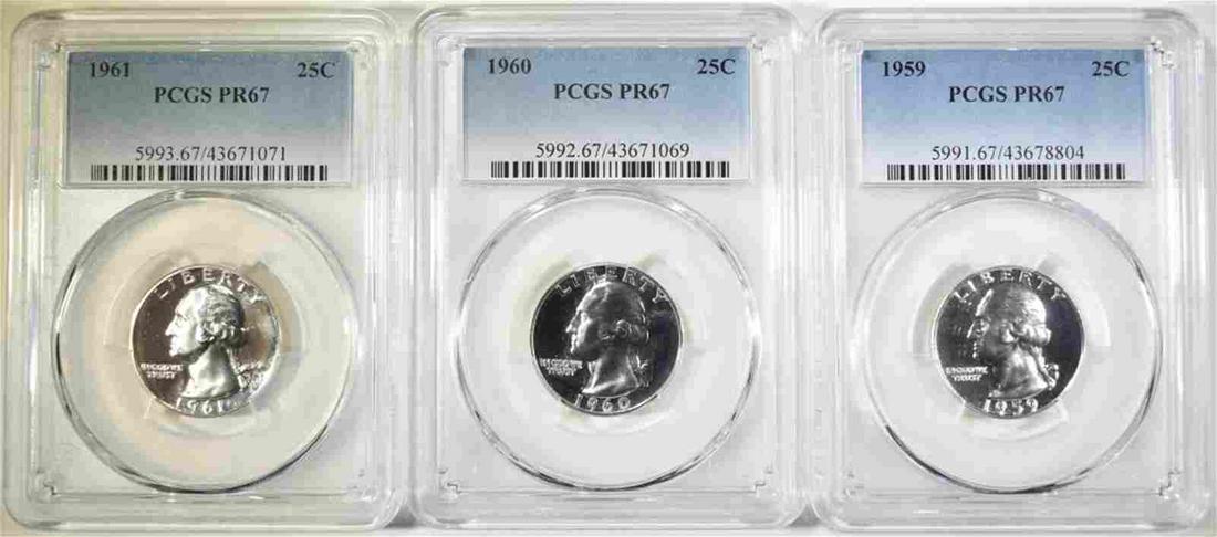 Set of 1959, 1960, & 1961 WASHINGTON QUARTER PCGS PR-67: Set of 1959, 1960, & 1961 WASHINGTON QUARTER PCGS PR-67 The MYNT Guarantee: All items in this auction are guaranteed to be 100% authentic. At Your Service: At MYNT, our Customer Support Specialists (