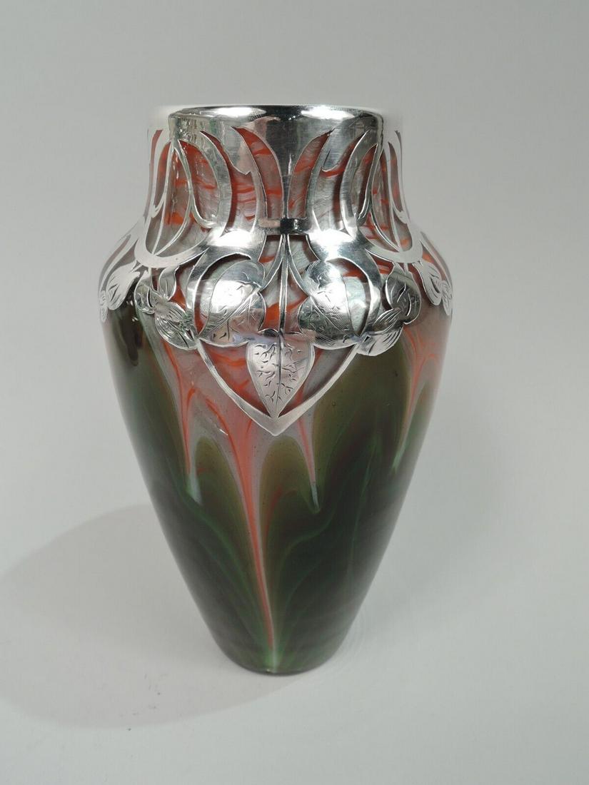 Loetz Vase Antique Art Nouveau Iridescent Austrian Glass Silver Overlay: Loetz Vase Antique Art Nouveau Iridescent Austrian Glass Silver Overlay Brand: Loetz Style: Art Nouveau Age: 1850-1899 Striking turn-of-the-century glass vase by historic Loetz with engraved silver ov