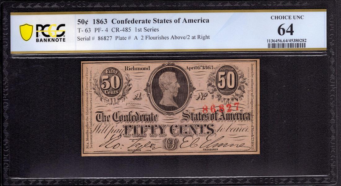 1863 50 CENTS CONFEDERATE STATE OF AMERICA NOTE T-63 PF-4 PCGS B CHOICE UNC 64: 1863 50 CENTS CONFEDERATE STATE OF AMERICA NOTE T-63 PF-4 PCGS B CHOICE UNC 64 Certification Number: 45380282 Certification: PCGS Banknote Grading Grade: 64 Type: Confederate Currency Circulated/Uncir
