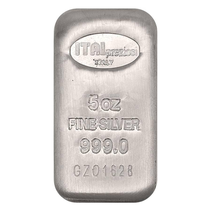 5 oz Italpreziosi Italian Silver Cast Bar .999 Fine: 5 oz Italpreziosi Italian Silver Cast Bar .999 Fine Condition: New Purity: .999 Actual Weight: 5 troy oz Gross Weight : 155.5 grams Dimensions: 57.6 x 30.2 x 9.5 mm Mint/Brand: Italpreziosi The MYNT G