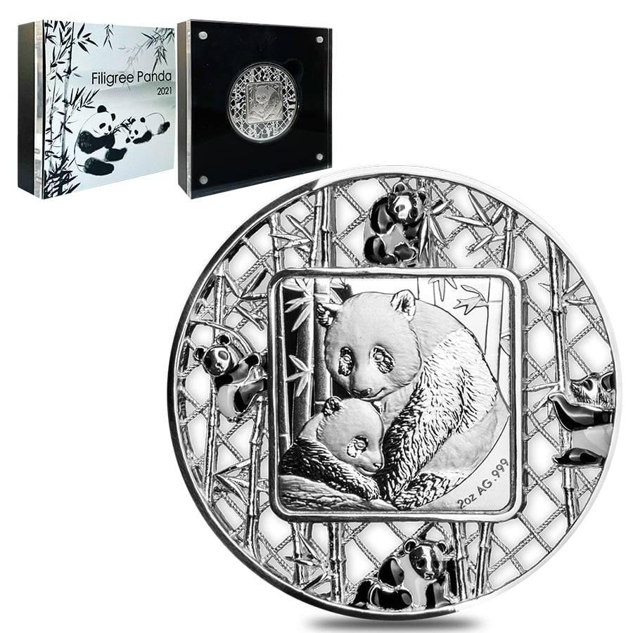 2021 2 oz Silver Filigree Panda Coin Solomon Islands .999 Fine (w/Box & COA): 2021 2 oz Silver Filigree Panda Coin Solomon Islands .999 Fine (w/Box & COA) Year: 2021 Finish: Proof-like / Colorized Purity: .999 Denomination: $5 Actual Weight: 2 troy oz Gross Weight : 62.2 grams 