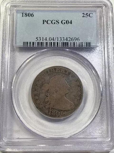 1806 P Quarter Dollar Draped Bust PCGS G-4: 1806 P Quarter Dollar Draped Bust PCGS G-4 Certification: PCGS Composition: Silver Grade: G-4 Year: 1806 Circulated/Uncirculated: Circulated Strike Type: MS Mint Location: Philadelphia Country: USA Km