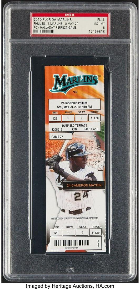2010 Roy Halladay Perfect Game Full Ticket Florida Marlins v Phillies PSA 6: 2010 Roy Halladay Perfect Game Full Ticket Florida Marlins v Phillies PSA 6 Player: Roy Halladay Original or Reprint: Original Product: Tickets Team-Baseball: Florida Marlins Item: Ticket Stub Sport: 