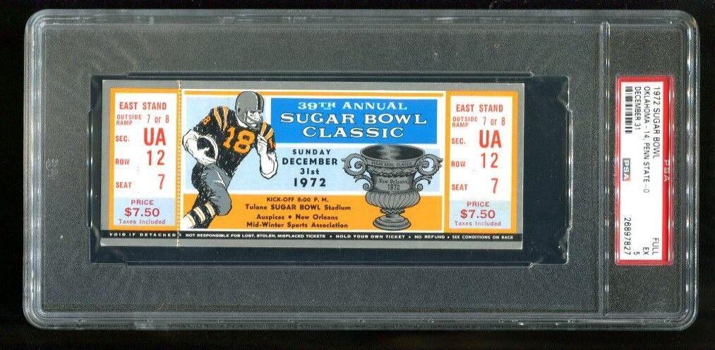 1972 Sugar Bowl Full Ticket 12/31/1972 Oklahoma 14 Penn State 0 PSA 26897827: 1972 Sugar Bowl Full Ticket 12/31/1972 Oklahoma 14 Penn State 0 PSA 26897827 Sport: Football Original or Reprint: Original Pre-Owned The MYNT Guarantee: All items in this auction are guaranteed to be