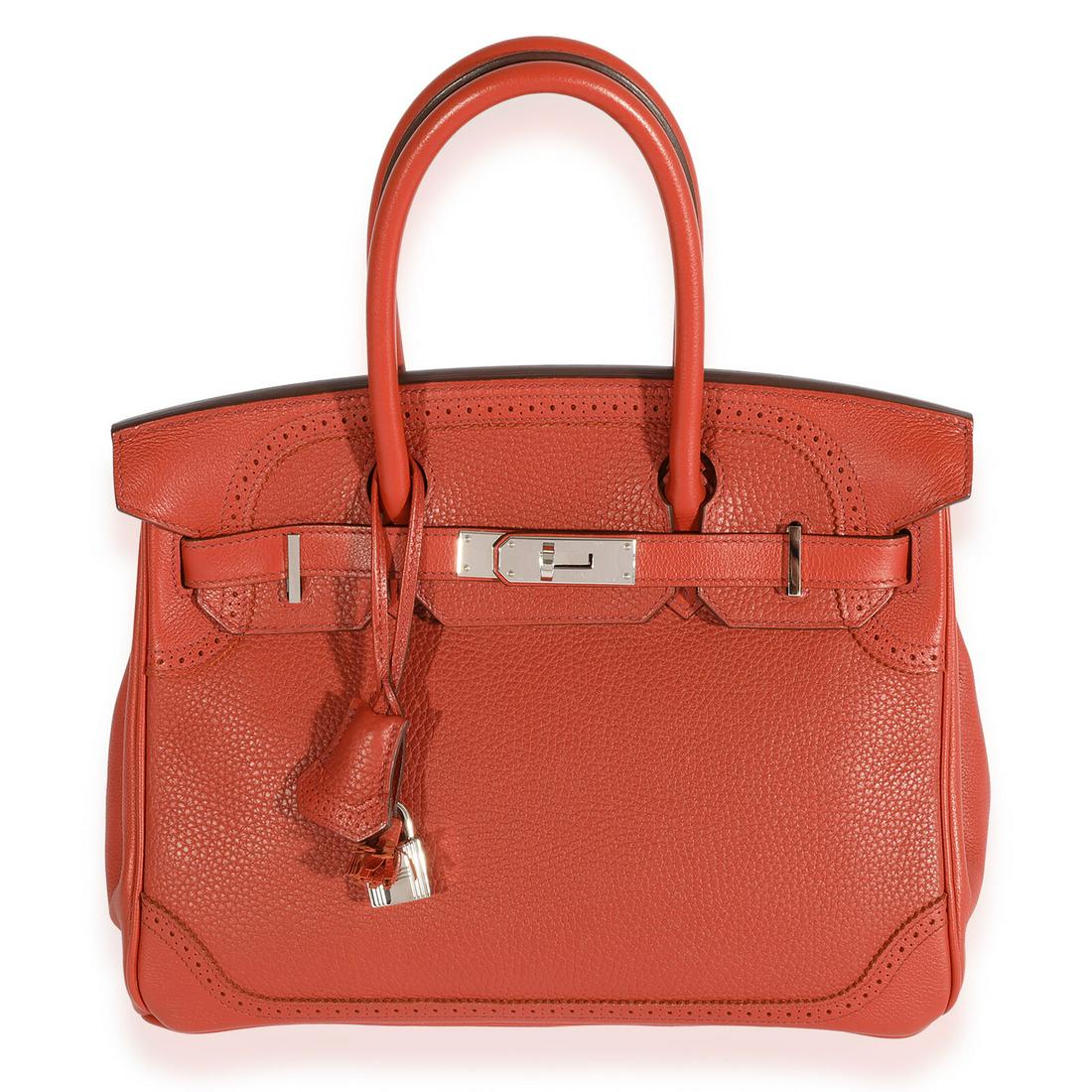 Hermes Sanguine Togo Ghillies Birkin 30 PHW: Hermes Sanguine Togo Ghillies Birkin 30 PHW Dimensions: 11 x 9.5 x 6 Handbag Accessories: Clochette;Lock;Key Bag Length: 11 in Bag Depth: 6 in Bag Height: 9.5 in Style: Top Handle Material: Leather Co