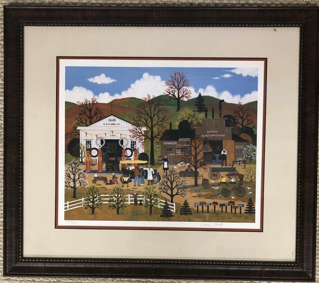Jane Wooster Scott Signed L/ED Litho The First Service Station CUSTOM FRAMED: Jane Wooster Scott Signed L/ED Litho The First Service Station CUSTOM FRAMED Features: Framed Matted Signed Limited Edition Region Of Origin: USA Item Width: 29 in Production Technique: Lithography It