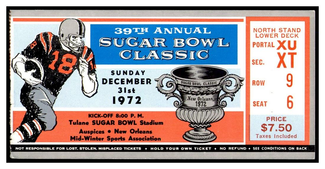 1972 Sugar Bowl Ticket 12/31 Oklahoma 14 Penn State 0 Tinker Owens MVP 85381: 1972 Sugar Bowl Ticket 12/31 Oklahoma 14 Penn State 0 Tinker Owens MVP 85381 Year: 1972 Sport: Football Original/Reproduction: Original Country/Region of Manufacture: United States Event/Tournament: S