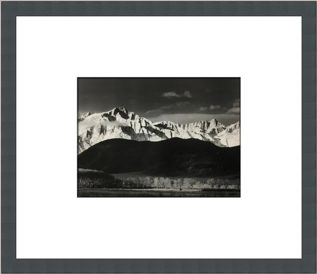 Ansel Adams Winter Sunrise Lone Pine Sierra Nevada CA Custom Framed Print: Ansel Adams Winter Sunrise Lone Pine Sierra Nevada CA Custom Framed Print Size: Medium Region Of Origin: usa Artist: Ansel Adams Production Technique: Lithography Framing: Matted & Framed Style: Reali