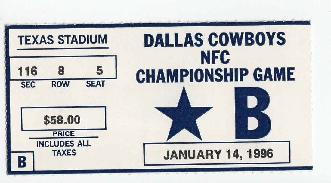 1995 NFC Championship 1/14/96 Packers @ Cowboys Emmitt 3 TDs: 1995 NFC Championship 1/14/96 Packers @ Cowboys Emmitt 3 TDs Sport: Football Team-NFL: Dallas Cowboys Year: 1995 Team: Dallas Cowboys Product Type: Ticket Stub Item: Ticket Stub Product: Tickets Team 