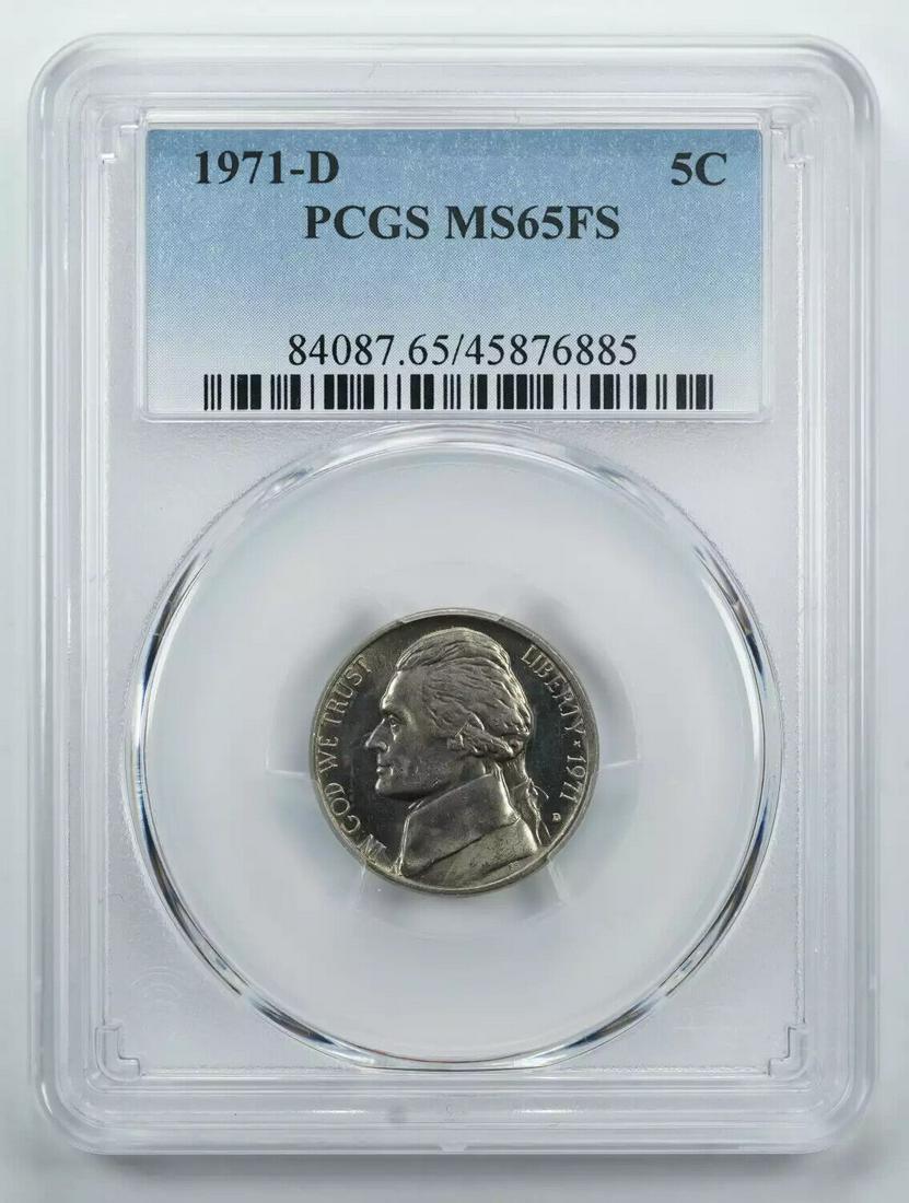 1971 D JEFFERSON NICKEL 5C PCGS MS 65 FS MINT STATE UNC - FULL STEPS (885): 1971 D JEFFERSON NICKEL 5C PCGS MS 65 FS MINT STATE UNC - FULL STEPS (885) Certification: PCGS Composition: Nickel Grade: MS-65 Year: 1971 Circulated/Uncirculated: Uncirculated Strike Type: MS Mint Lo