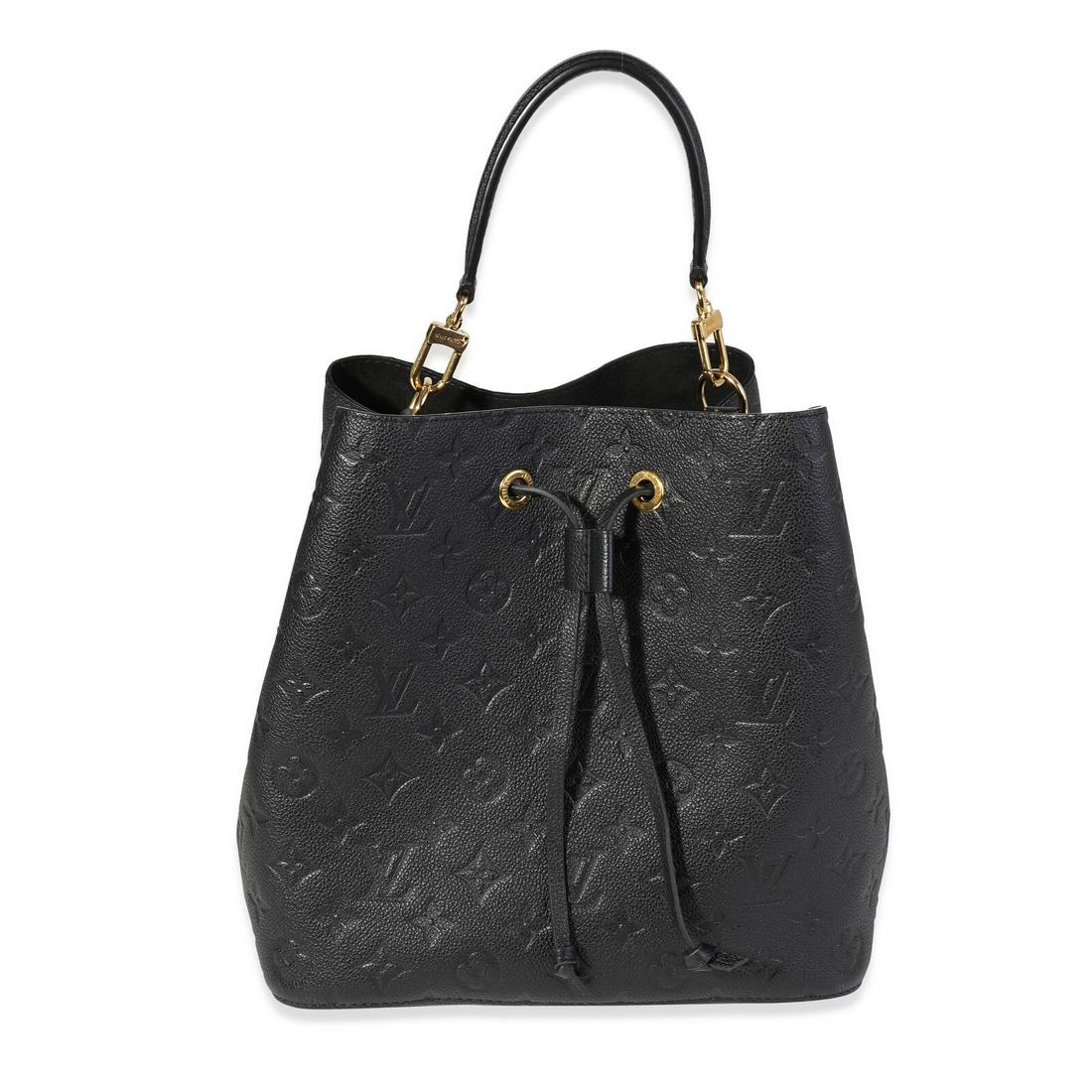 Louis Vuitton Black Monogram Empreinte NeoNoe: Louis Vuitton Black Monogram Empreinte NeoNoe Dimensions: 9.75 x 10 x 6.25 Handbag Accessories: Dustbag;Receipt Bag Length: 9.75 in Bag Depth: 6.25 in Bag Height: 10 in Style: Bucket Bag;Crossbody Bag