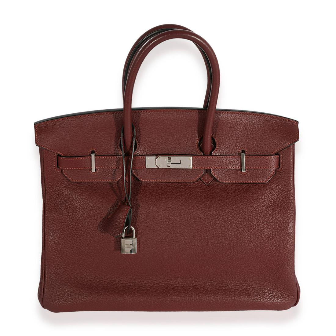 Hermes Rouge H Fjord Birkin 35 PHW: Hermes Rouge H Fjord Birkin 35 PHW Dimensions: 13.5 x 11.5 x 7.25 Handbag Accessories: Clochette;Lock;Key Bag Length: 13.5 in Bag Depth: 7.25 in Bag Height: 11.5 in Style: Top Handle Material: Leather