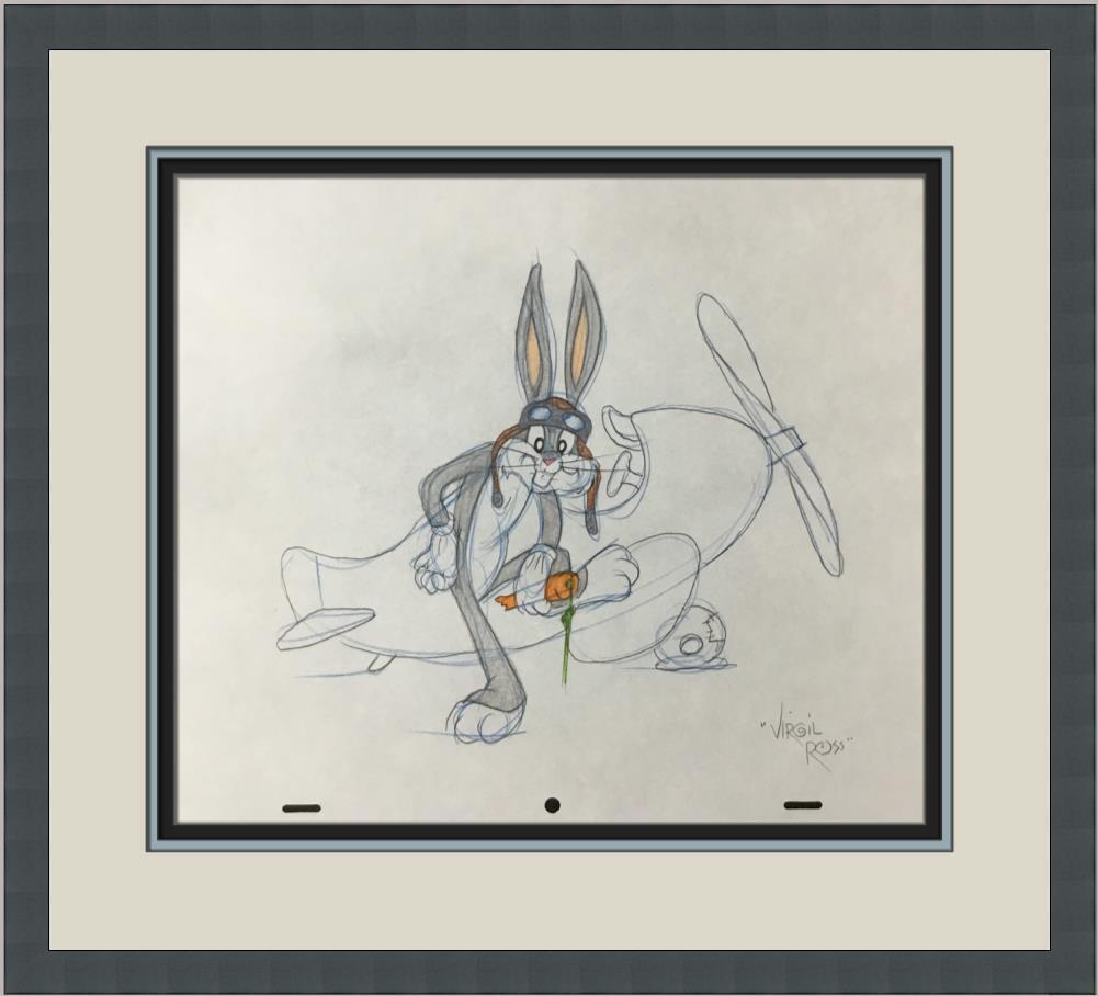 Virgil Ross Original Signed Model Sheet Drawing Bugs Bunny Plane Custom Framed: Virgil Ross Original Signed Model Sheet Drawing Bugs Bunny Plane Custom Framed Character: Bugs Bunny Animation Studio: Warner Bros Item Height: 10 in Item Width: 12 in Theme: Animation Inscribed: No T