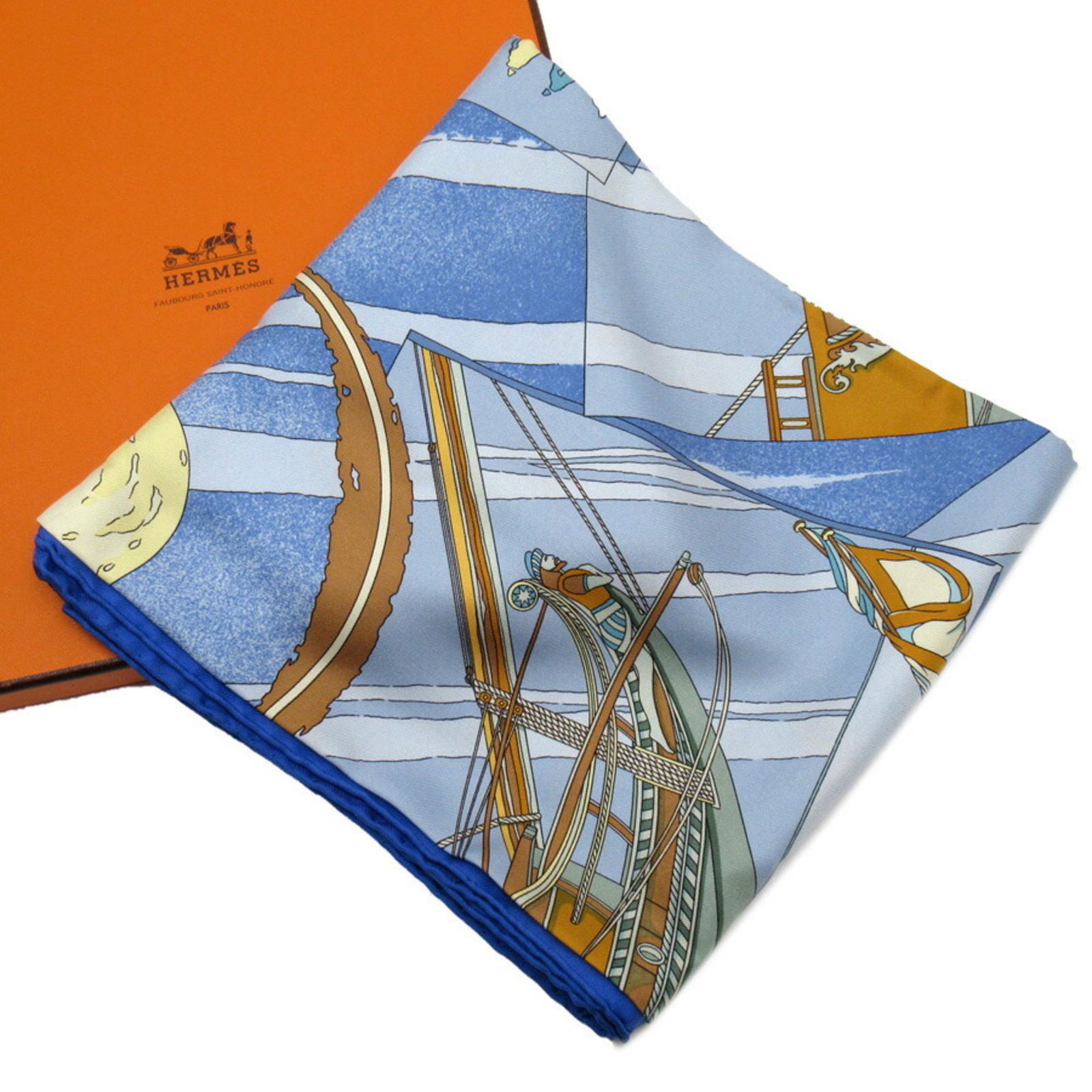 Hermes HERMES scarf Face au Large 100% blue silk towards the offshore: Hermes HERMES scarf Face au Large 100% blue silk towards the offshore Brand: Hermes Color: Blue Material: Silk100% Silk: 100% Size (LxW): 88cm x 89cm / 34.64 x 35.03 Condition: Used (very good) The My