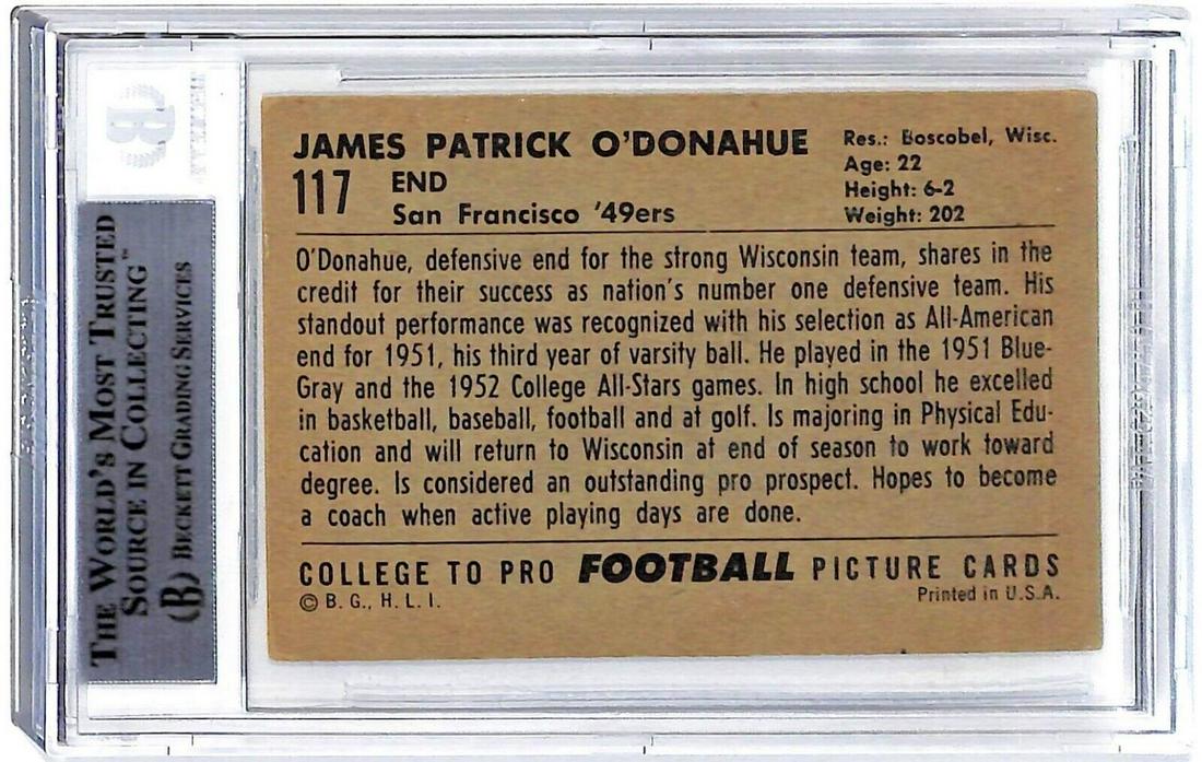 Pat O'Donahue Signed Autographed 1952 Bowman Large Wisconsin Beckett BAS: Pat O'Donahue Signed Autographed 1952 Bowman Large Wisconsin Beckett BAS Autographed: Yes League: NFL Set: 1952 Bowman Large Certification Number: 0010889091 Player/Athlete: Pat O'Donahue Year Manufac