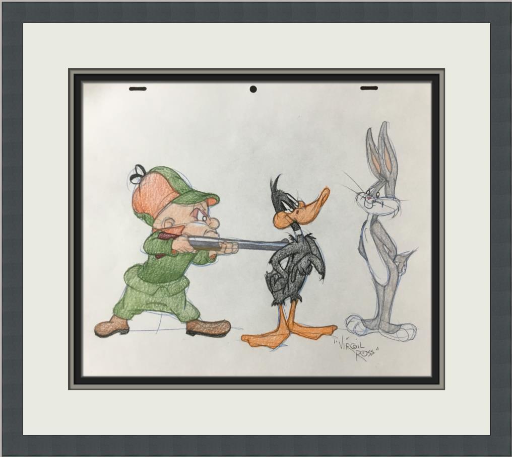 Virgil Ross Original Signed Model Sheet Drawing Elmer Bugs Daffy Custom Framed: Virgil Ross Original Signed Model Sheet Drawing Elmer Bugs Daffy Custom Framed Character: Elmer J Fudd Bugs Bunny Daffy Duck Animation Studio: Warner Bros Item Height: 10 in Item Width: 12 in Theme: A